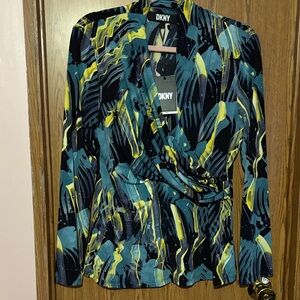 DKNY Blue and Yellow Abstract Print Blouse